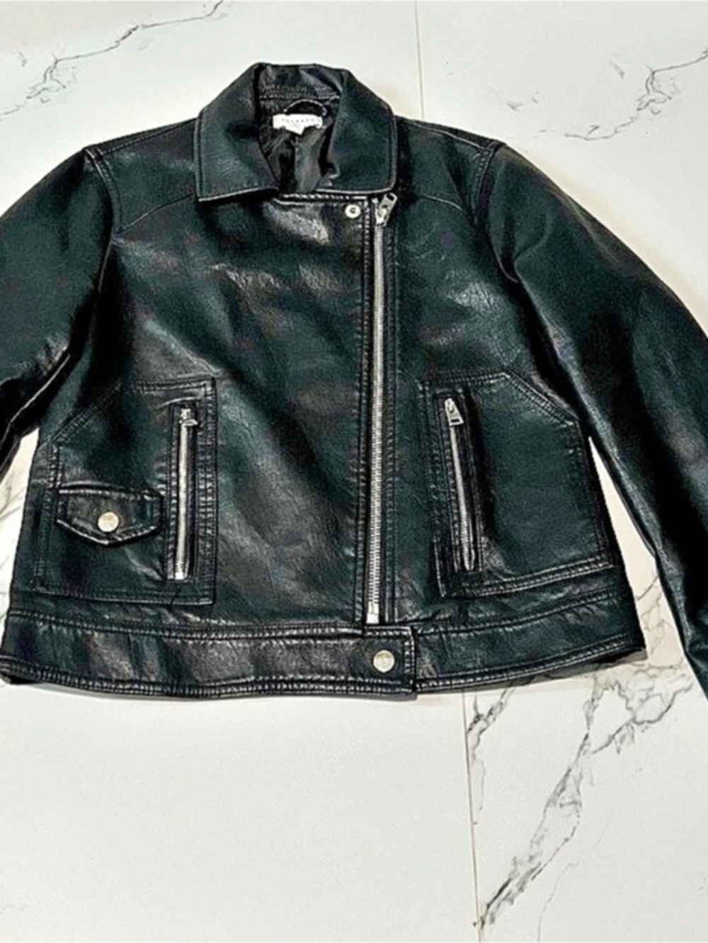 Topshop Black Leather-Style Moto Jacket Size 8